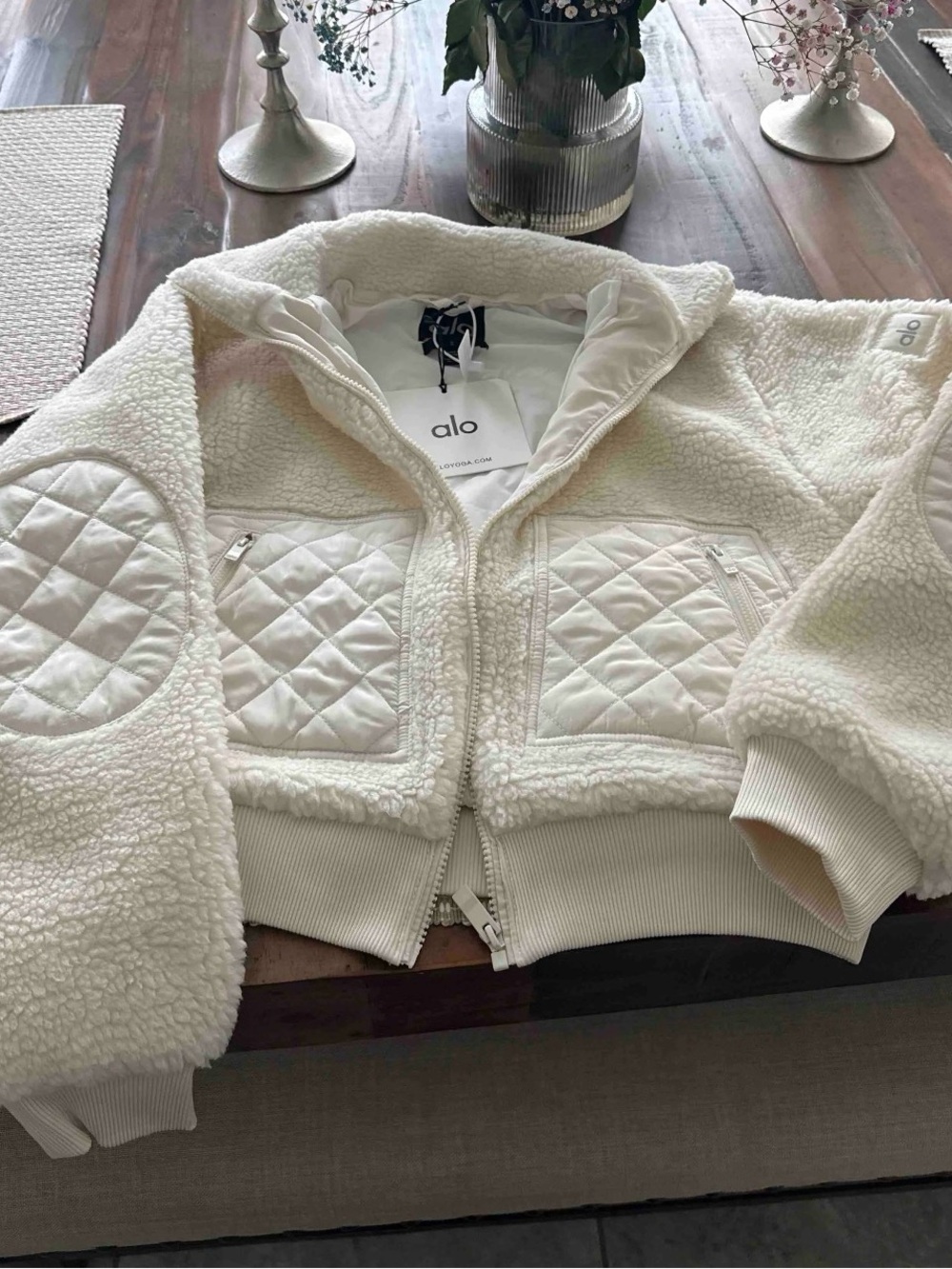 ALO Yoga Cream Sherpa Quilted Bomber Jacket